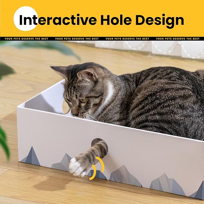 Cat Scratcher Box with Heavy-Duty Double-Sided Cardboard Pad, Cardboard Lounger, Cat Bed for Indoor Cats, Interactive Hole Design, Large - 5 Pack, White