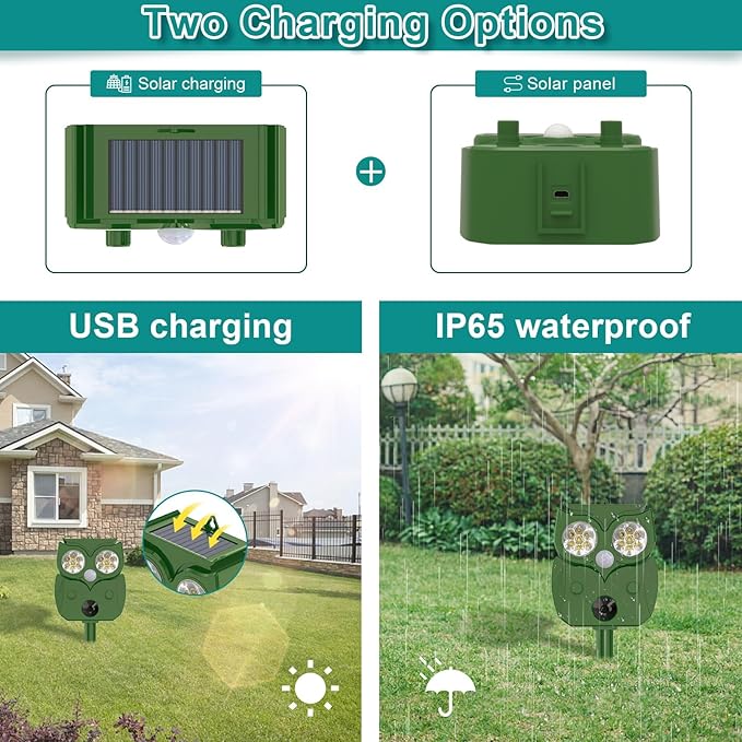 Solar Ultrasonic Animal Repellent Outdoor 2PCS, Cat Squirrel Deer Repellent Devices with Waterproof Animal Deterrent for Garden Yard Farm