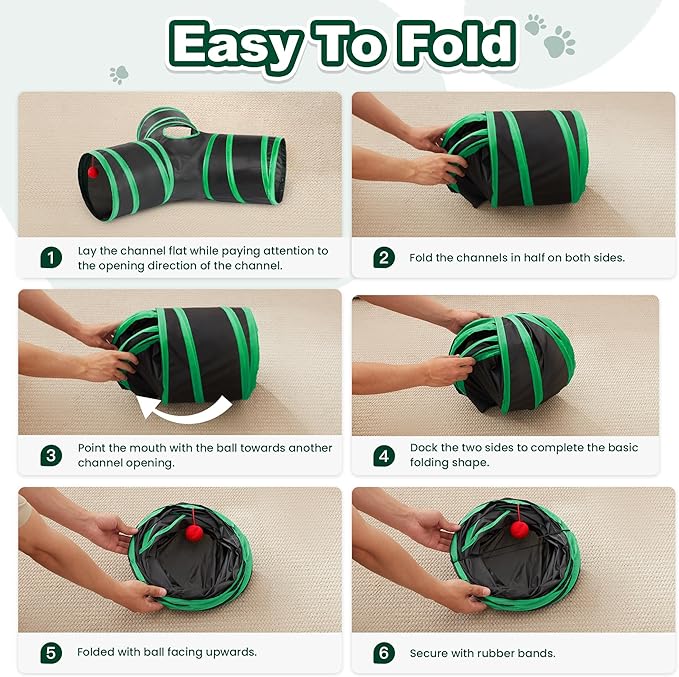 Love’s Cabin Cat Tunnel for Indoor Cats, 3-Way Collapsible Play Tunnel with Teaser Wand, Peek Holes & Toy Ball, Small Pet Toy for Kittens & Rabbits, Black & Green, Small Size