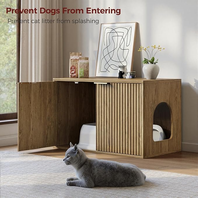 Evermagin 31.5" Oak Cat Litter Box Enclosure Furniture, Large Hidden Litter Box Cabinet, Modern Bohemia Indoor Cat House Kitty End Table for Living Room, Entryway, Bedroom