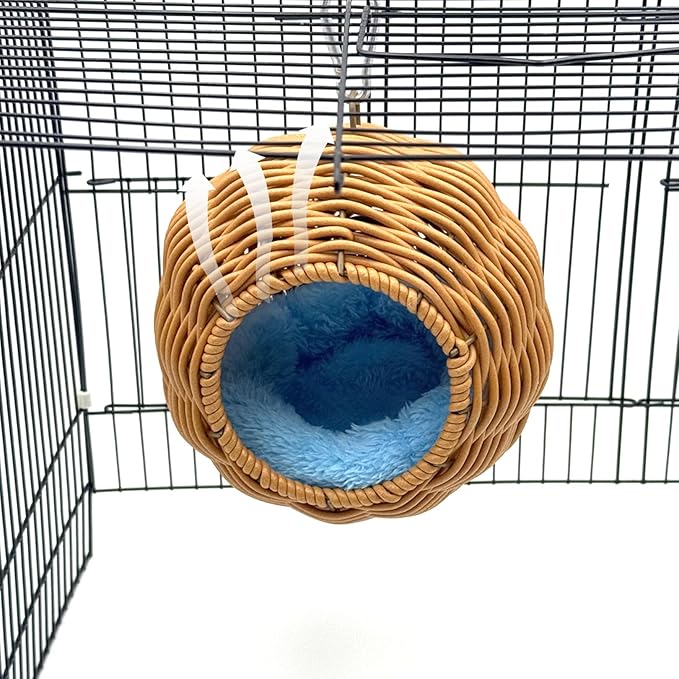 Rattan Bird Nest for Cage，Hanging Parrot Breeding Nesting House Washable Soft Lay Warm Sleep Hut Bird Cage Accessories for Cockatiels Budgerigars Finches Canaries (Circular Opening)