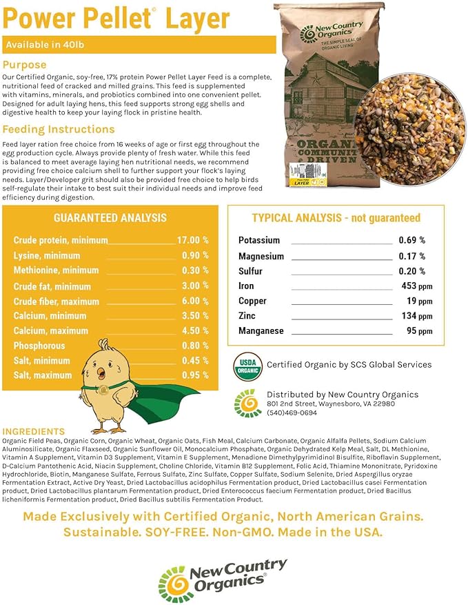 New Country Organics I Power Pellet Layer Feed 40 lbs I Layer Feed for Laying Hens I Soy-Free I 17% Protein I Certified Organic and Non-GMO I 40 lbs