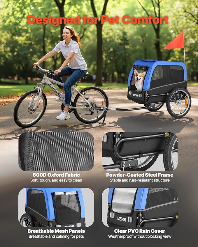 VEVOR Dog Bike Trailer, Supports up to 66 lbs, Pet Cart Bicycle Carrier for Small & Medium Dogs, Easy Folding Frame with Quick Release Wheel, Universal Bicycle Coupler, Reflector, Flag, Internal Leash