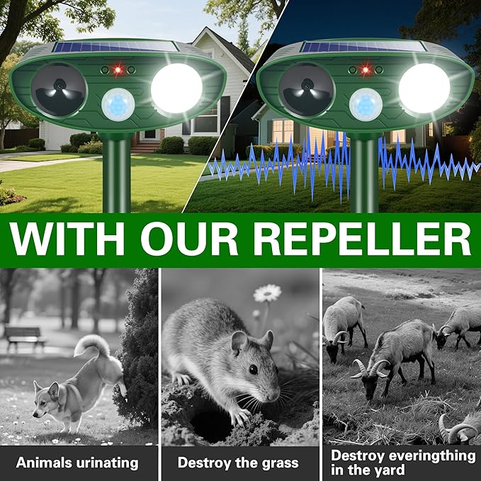 2026 Upgraded Cat Repellent Outdoor Ultrasonic with Strobe Light, Deer Squirrel Skunk Repellent for Yard,Motion Activated Animal Deterrent Devices- Keep Dogs Raccoons Rabbits Away from Garden Farm