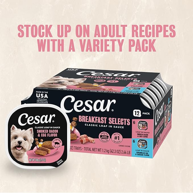 Cesar Classic Loaf in Sauce Adult Wet Dog Food Bacon & Egg Flavor, 3.5 oz. Easy Peel Trays, 24 Count (Pack of 1)