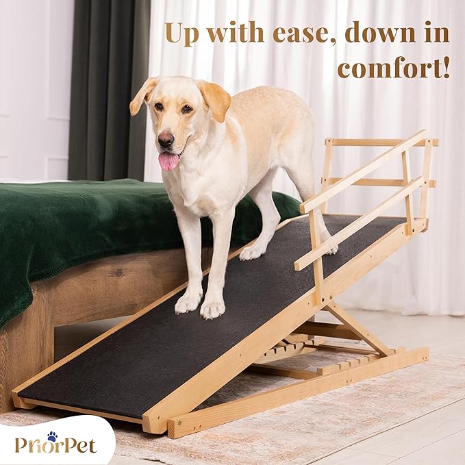 Dog Ramp for Bed with Safety Rails for High Beds up to 37" – Extra Wide 19.5" Adjustable Dog Bed Ramp for Large Dogs up to 200 lbs – Solid Birchwood, Non-Slip Rubber Surface, Foldable Design – Natural