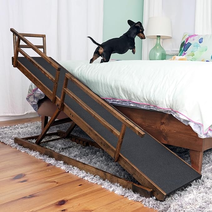 DoggoRamps Bed Ramp for Small Dogs - Solid Hardwood - Adjustable up to 37" Tall Beds with Safety Rails & Anti-Slip Grip - Made in North America Walnut