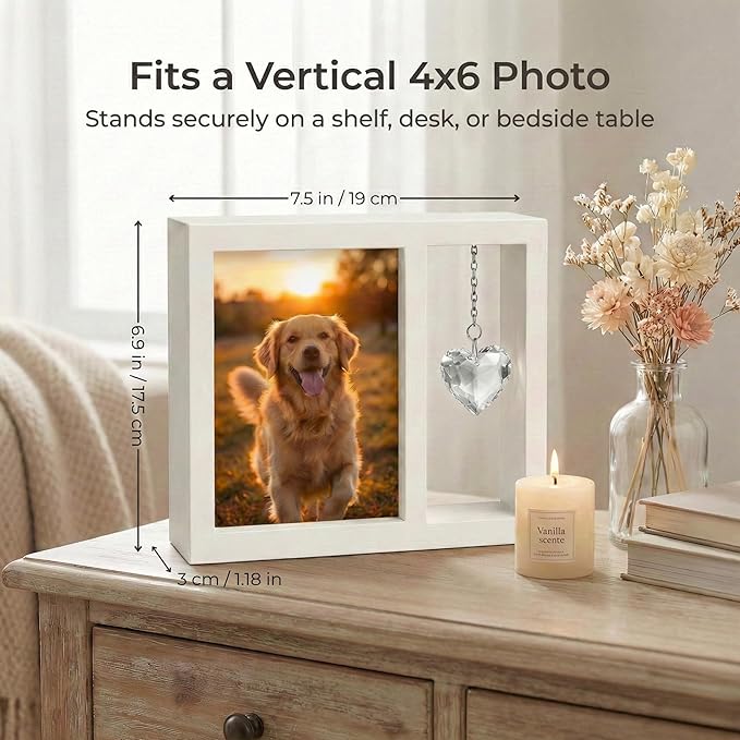 Dog Memorial Gift for Loss of Dog – 4x6 Wooden Photo Frame with Crystal Heart Suncatcher, Pet Memorial Picture Frame Keepsake