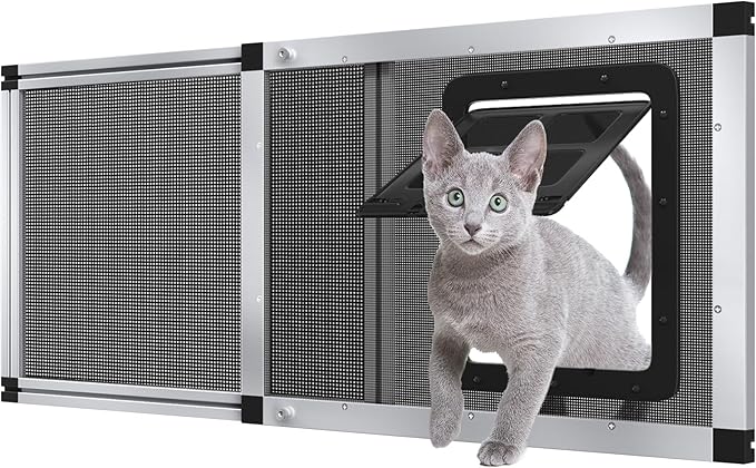 Ventilated Pet Door for Window 32"-38" Wide Adjustable, Silver Aluminum Frame + Stainless Steel Mesh | Breathable Bug-Proof | 4-Way Lock Magnetic Closure Cat Window Door,Cat Door for Window Insert