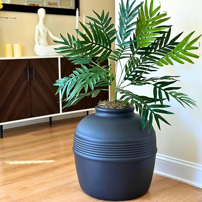 Good Pet Stuff Hidden Litter Box Planter, Decorative Cat Litter Enclosure with Carbon Filter, Artificial Plant, Easy Clean, Indoor Design, Original Round Style, Essentials Kit, Black Suede