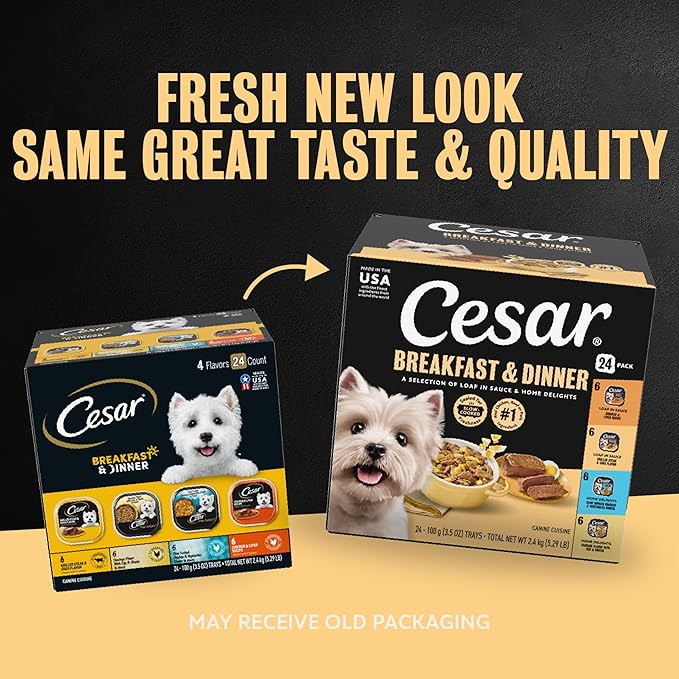 Cesar Wet Dog Food Home Delights & Classic Loaf in Sauce, Breakfast & Dinner Variety Pack, 3.5 oz. Trays, 24 Count (Pack of 1)