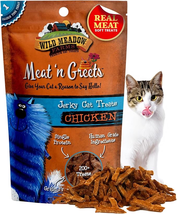 Wild Meadow Farms - Cat Treats - Meat 'N Greets - Soft Jerky Treats with Meat, Perfect for Training & Rewarding, Snacks for Cats - Chicken Flavor