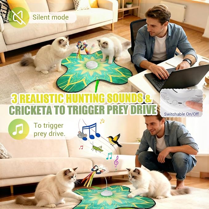 Interactive Cat Toy for Indoor Cats, Touch Activated Automatic Electronic Cat Toy with Sound On/Off, Dual Wands, Non-Slip Suction Cups, Rechargeable Hide and Seek Cat Play Mat for Bored Adult Kittens