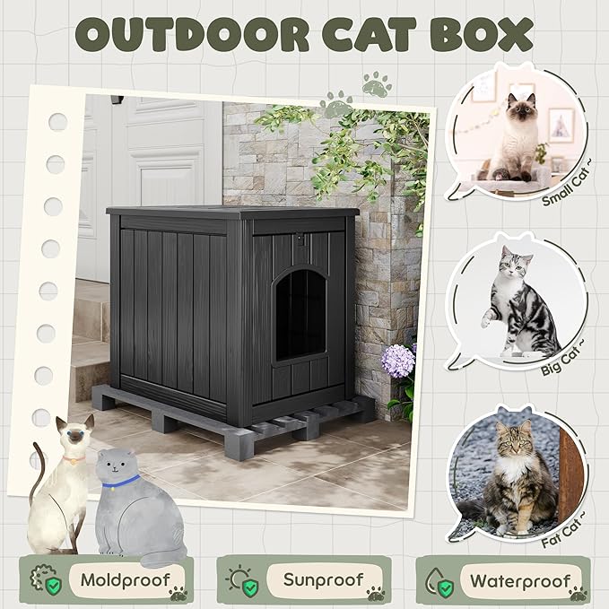 Cat Litter Box Enclosure, Plastic Hidden Litter Box Side Table with Openable Front Door, Waterproof & Weatherproof Cat Box Enclosure Cabinet for Indoor & Outdoor Use (Black)