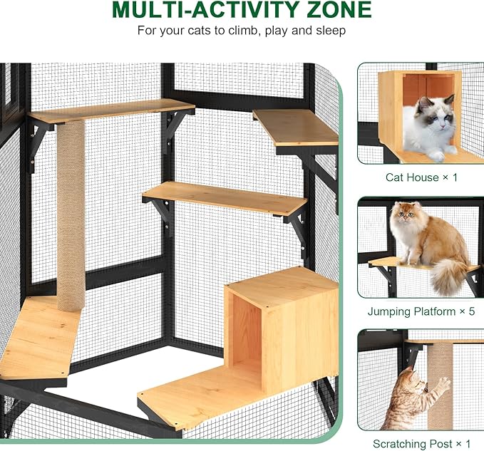 Catio Outdoor Cat Enclosure, Indoor Cat Enclosure with Window Access, Wooden Outdoor Cat Catio with Waterproof Cover, Cat House & Platform for Multiple Cats, Black