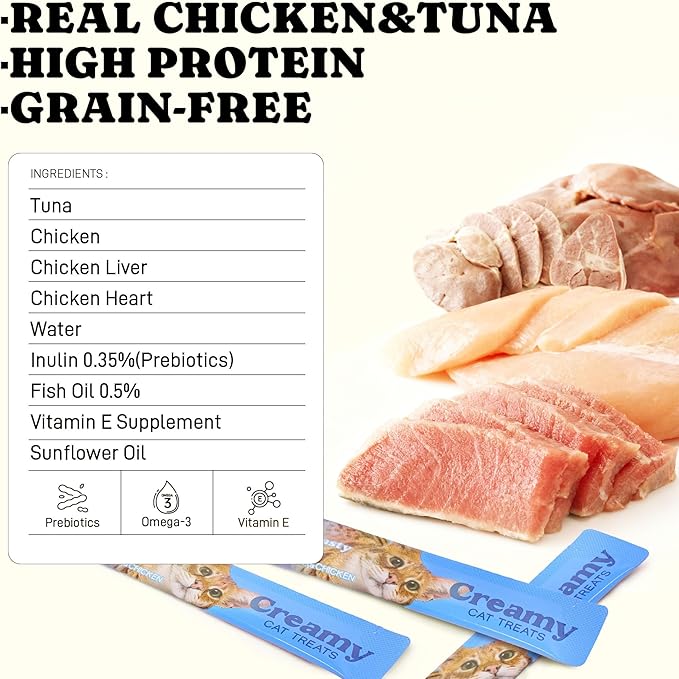 Lickable Cat Treats, High Moisture Hydrating Creamy Puree Squeeze Tubes, Tuna & Chicken, 20 Tubes 0.5oz, Grain-Free, Omega Oils & Vitamin E, Skin&Coat Health, Digestive and Immune Support