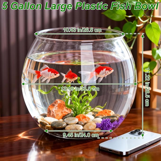 5 Gallon Plastic Fish Tank Large Clear Bowl, Classic Round Bowl Shatterproof Sturdy Jar for Indoor Outdoor, Used as Aquarium, Vase, Storage Container, Decoration, or Other DIYs, Easy to Carry