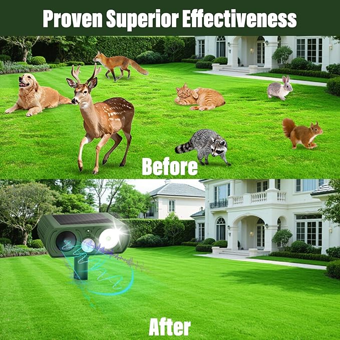 Solar Ultrasonic Animal Repellent, Deer Repellent Devices Waterproof, Cat Repellent Outdoor with Motion Detection Squirrel Skunk Rabbit Dog Raccoon Deterrents Animal Repeller for Yard, 2 Pack