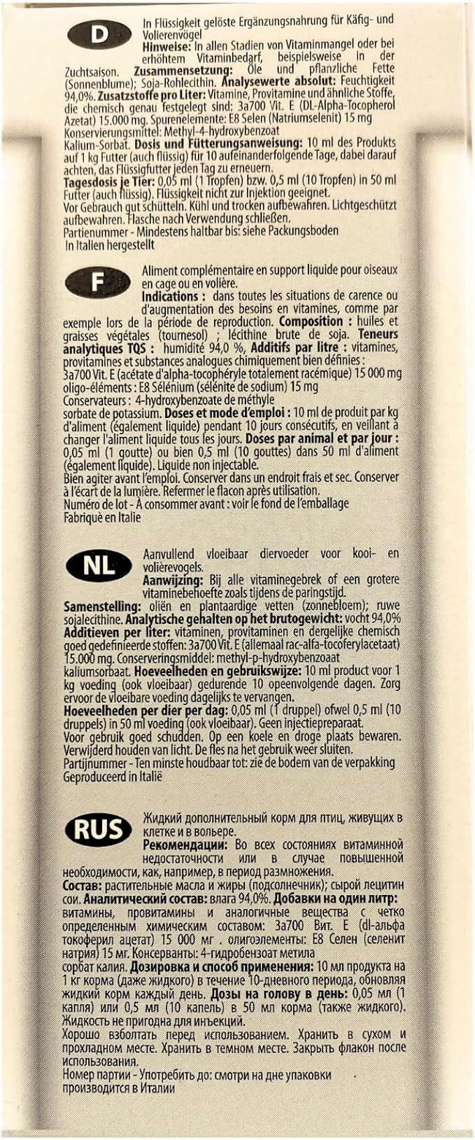 Raff Liquid Vitamin-E Supplement for Birds, Sunflower Oils and Fats, Raw Soy Lecithin, Vitamin for Birds, Accessories for Pigeons, Food for Canary, Fertility for Birds, Finch, breeding Bird.200ml