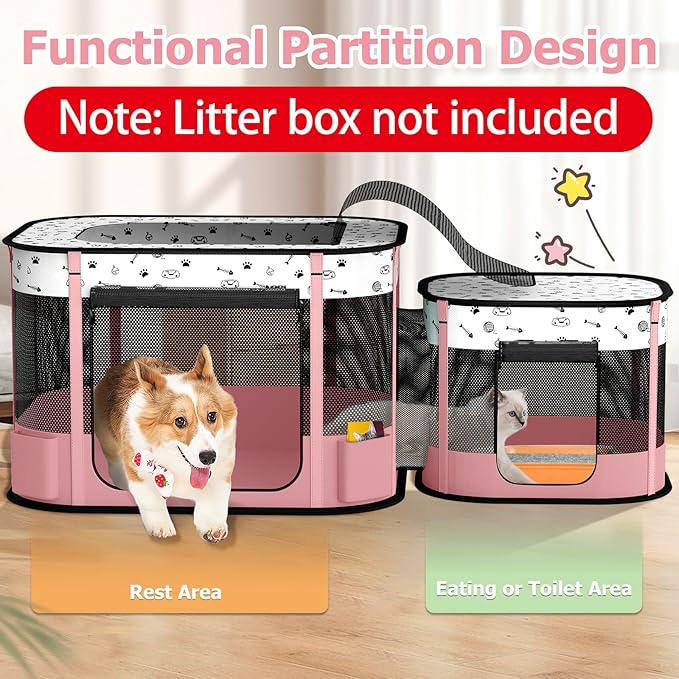 Portable Cat Playpen with litter box area, Foldable Pet Dog Playpen, for Kitten Puppy Play Pen Indoor/Outdoor, Cats Enclosure Cages Tent with Carrying Case, 600D Oxford 8-Rods, 32"x24"x22", Pink