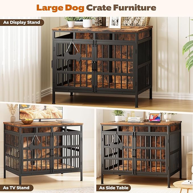 Large Dog Crate Furniture, Wooden Dog Kennel Furniture for Medium Large Dogs, Double-Doors Sturdy Metal Dog Cage for Anxiety Dog, Anti Escape Wooden Cage with Name Tag End Table, TV Stand Brown