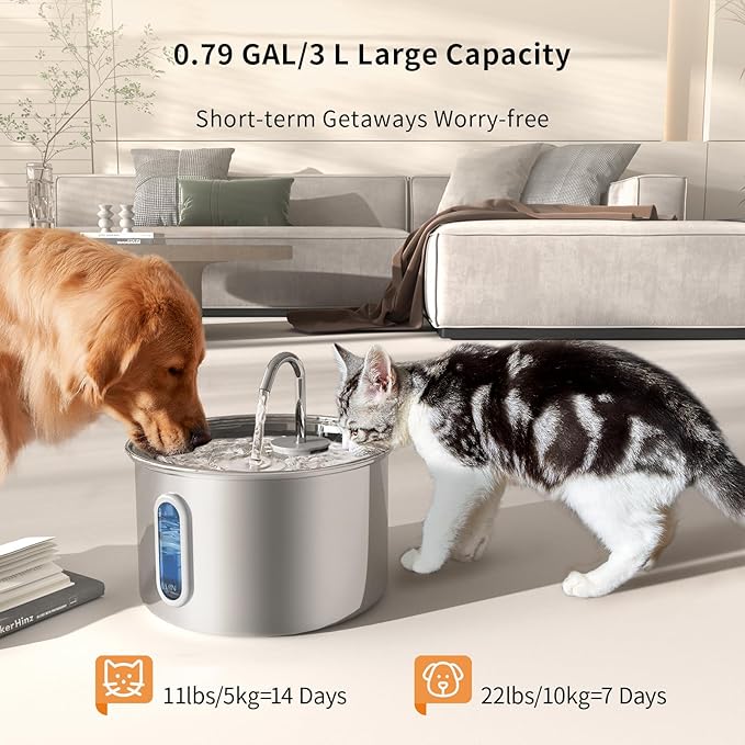 Cat Water Fountain Stainless Steel,3 L/ 101 oz Pet Water Fountain with 5-Stage Circulating Filtration System,Cat Fountain with Quiet Pump for Cats, Dogs (4 Filters + 4 Sponges)