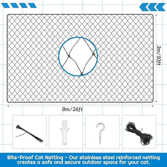 Steel Cat Netting Balcony, 10ft x 26ft Steel Reinforced Cat Wire for Balcony, High Strength Safety Pet Netting for Catio, Proof Screen for Pets, Strong Catio Protection Barrier Mesh Fence