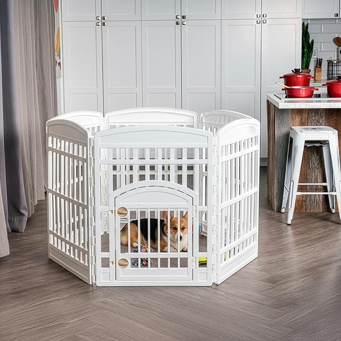IRIS USA Dog Playpen 34" 6-Panel Dog Playpen with Door, 44 x 63 x 34, Puppy Fence, Puppy Playpen, Dog Play Pen Indoors, Pet Fence, Puppies/Small Dogs, White