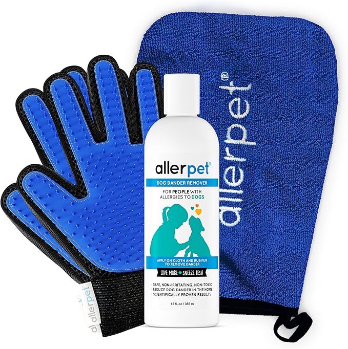 Allerpet Dog Dander Remover w/Free Pair of Grooming Gloves - Best Pet Dander Remover for Allergens - for Canine Dry Skin Treatment - Good for Fur & Skin - (12oz)