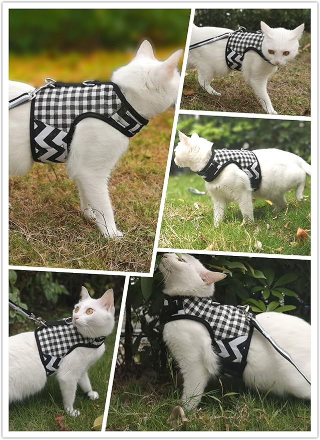 Cat Harness and Leash for Walking Escape Proof, Adjustable Cat Vest Harness, Padded Stylish Cat Walking Jackets, Black Plaid, Small