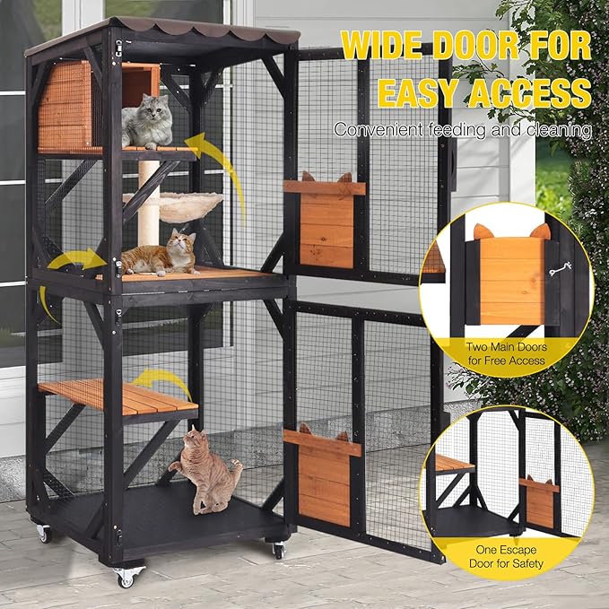 Aivituvin Catio Outdoor Cat Enclosure Wooden Cat Cage with Window Access Large Kitty House on Wheels 62.4’’ Indoor Patio Black