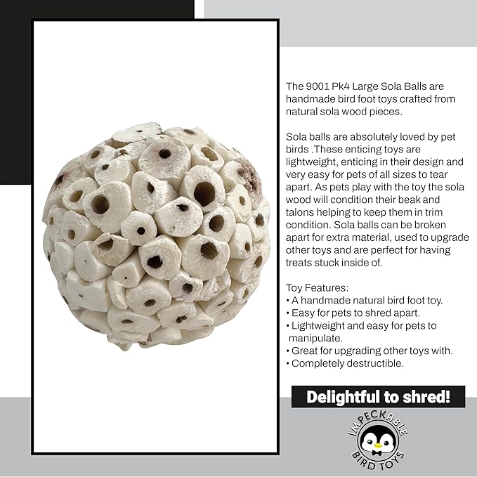 9001 Pk4 3.2 Inch Handmade Sola Wood Balls - Natural Bird Toys for Cage - Soft Shreddable Chewing Foot Toys for Cockatiel, Parakeet, Parrot & Conure - Safe Foraging Birdcage Accessories & DIY Parts