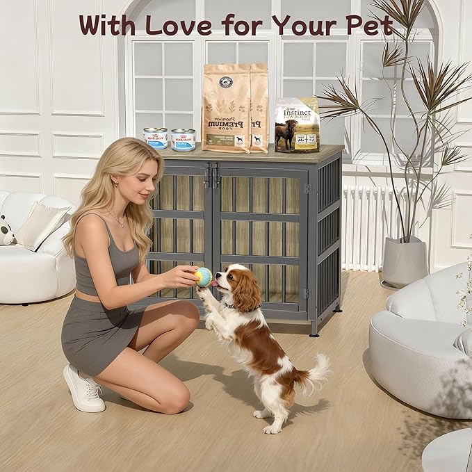 33'' Dog Crate Furniture Large Breed Dog Crate Dog Kennels for Inside Wooden Dog Crates End Table Heavy Duty Indoor Combination Cage for Medium to Large Dogs Maple