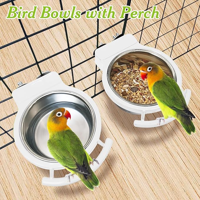 BNOSDM Hanging Stainless Steel Bird Bowls 4 PCS Bird Feeding Dish Cups with Perch Stand Parrot Food Container Food and Water Bowls with Spoon for Budgie Cockatoo Finch Lovebirds Pigeons (White)