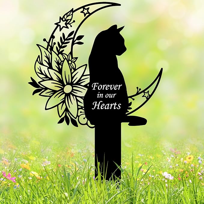 Cat Grave Marker Outdoor Memorial – 12in Metal Pet Memorial Plaque with Garden Moon Cat, Weatherproof Headstone for Yard or Indoor Tribute, Sympathy Gift for Loss of Pet