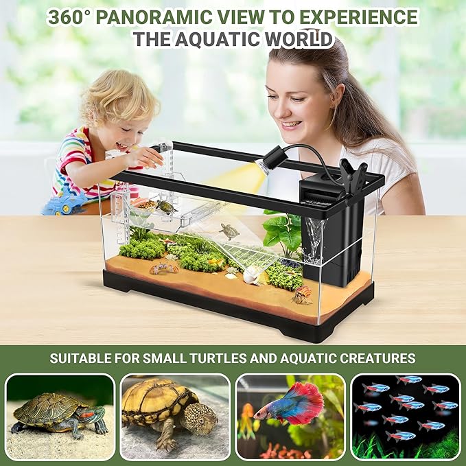 GOZILLA Aquatic Turtle Tank+Lamp+Filter Kit, Upgrade PC Turtle Tank Kit with Adjustable 360°Lamp & Filter,Reptile Habitat Lid,Hanging Platform for Small Reptiles.(19.68× 9.52× 9.44''/Large-Black)