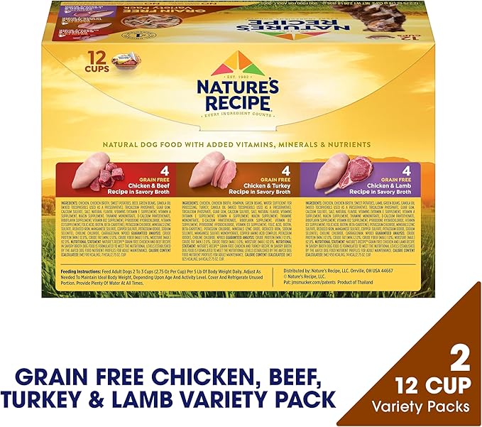Nature's Recipe Grain Free Wet Dog Food Variety Pack, Chicken Recipes with Beef, Turkey & Lamb in Savory Broth, 2.75 oz. Cups (Pack of 12), 2 Count