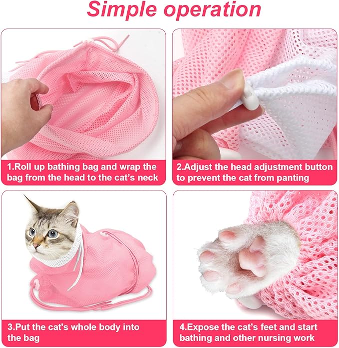 Cat Bathing Bag, Breathable Mesh Cat Shower Bag Anti Scratch Adjustable Cat Grooming Bag for Nail Trimming Polyester Soft Washing Bag