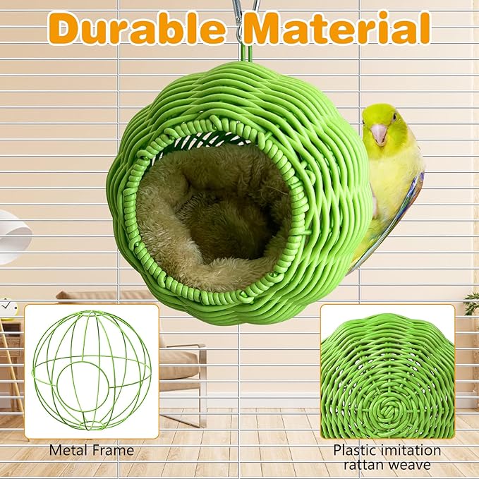 Rattan Birds Nest for Cage Hanging Parakeet House Chewproof Parrot Breeding Bed Small Budgies Hideout Swing Hut Bird Cage Accessories for Lovebirds Cockatiel Conure Finch Canary (Green)