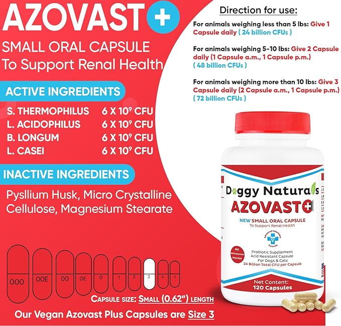 Azovast Plus Cat Kidney Support for Dogs & Cats, 120ct, 120ct - NO Refrigeration Required - Help Support Kidney Function & Manage Renal Toxins - Kidney Health Supplement Capsule(U.S.A) (120 Caps)