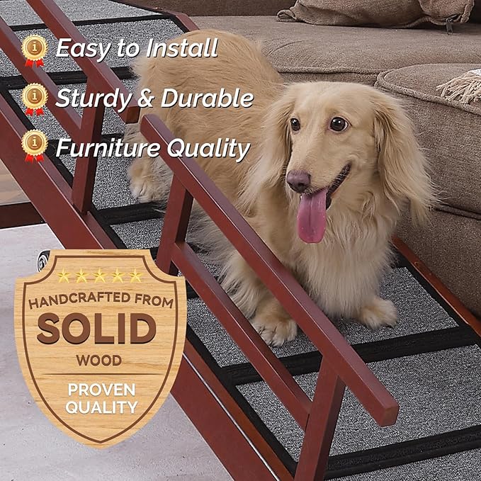 Dog Ramp for Bed or Couch, Wooden Pet Ramp with 20° Gentle Slope, Removable Side Rails, Non-Slip Surface, Top Platform & Wheels, Safe Bed Ramp for Small, Large & Senior Dogs, 60" Long, Mahogany