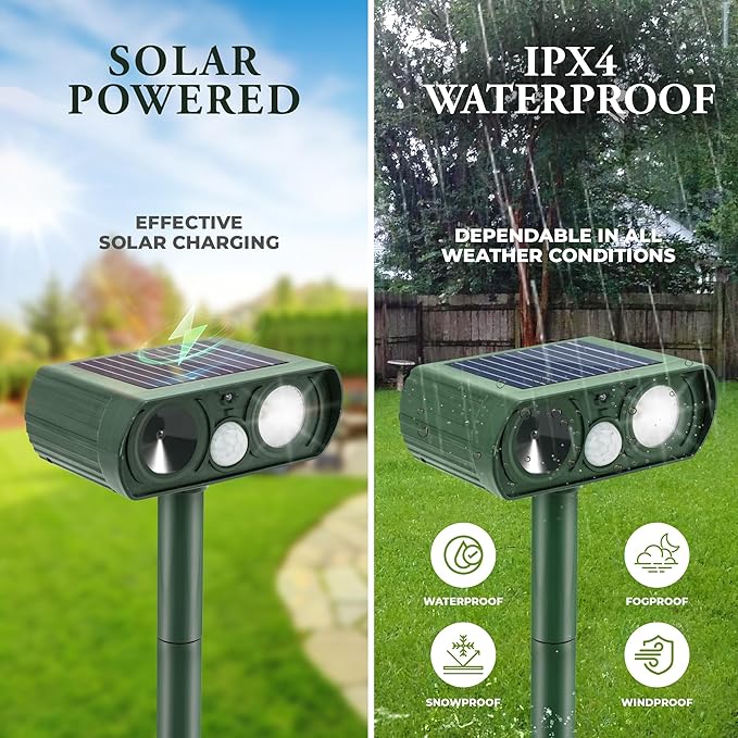 Solar Powered Ultrasonic Animal Repellent, Waterproof Motion Detection System, Yard Farm Garden Outdoor Deterrent Squirrel Rabbit Bird Dog Cat with LED Flashing Lights