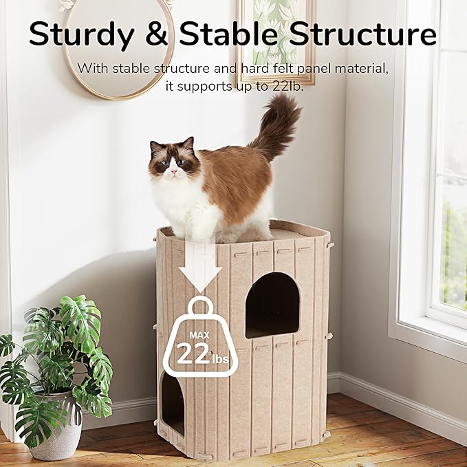 FUKUMARU Cat House for Indoor Cats, 23.62 Inch Large Cat Bed Cave Condo, 2-Storey Cozy Felt Covered Cats Tunnel Kitten Hideaway for Multicats, Scratch Resistant, Beige