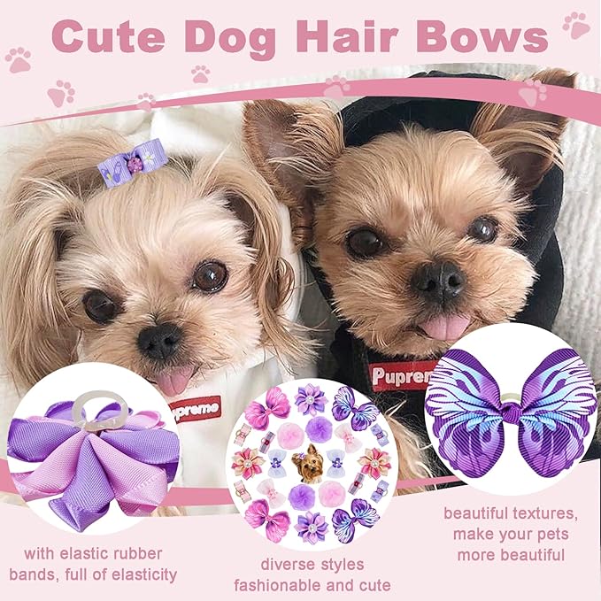22 Pieces Cute Dog Hair Bows with Elastic Rubber Bands, Small Puppy Hair Accessories with Butterfly Flower Pearls Double Bow for Pets Dogs Cats Hair Grooming (Purple and Pink)
