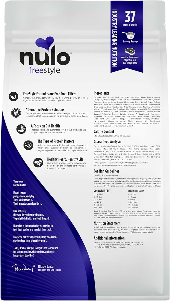 Nulo Freestyle Small Breed Dog Food Dry - Beef & Sweet Potato, Puppy & Adult Grain Free Dog Food, Natural, High Protein, Smaller Sized Kibble with BC30 Probiotic for Healthy Digestion Support, 6lb