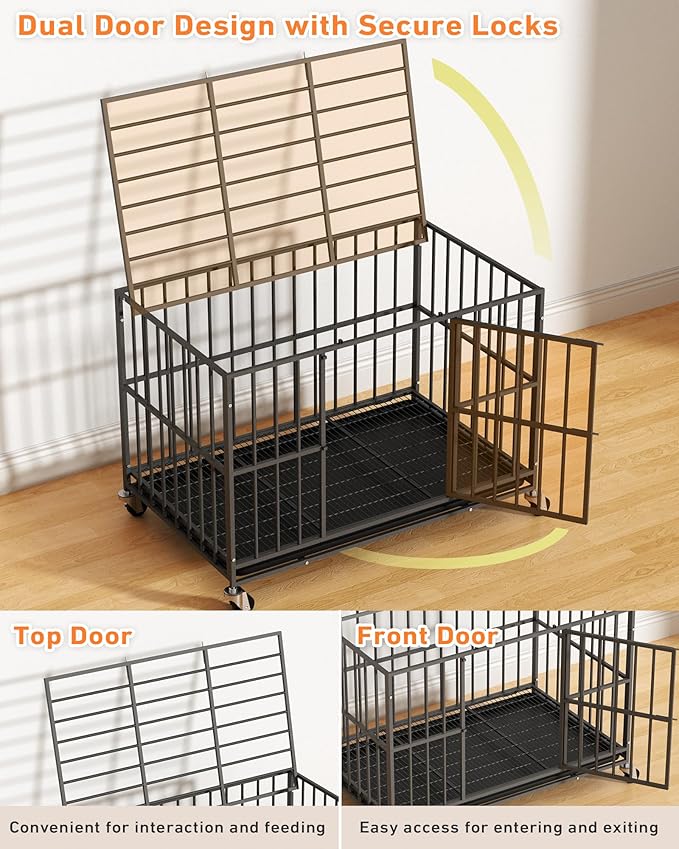 48 inch Heavy Duty Dog Crate with Dual Doors and Lockable Wheels, Large Dog Kennel Indoor, Removable Tray for Easy Cleaning, Dog Cage for Medium to Large Breeds and Anxious Dogs