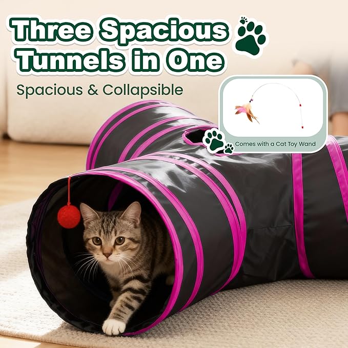 Love’s Cabin Cat Tunnel for Indoor Cats, 3-Way Collapsible Play Tunnel with Teaser Wand, Peek Holes & Toy Ball, Small Pet Toy for Kittens & Rabbits, White & Light Grey, Medium Size