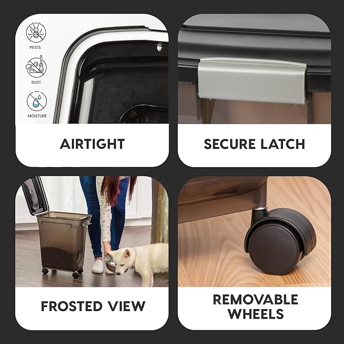 IRIS USA Airtight Dog Food Storage Container, WeatherPro, Up to 22 lbs, Removable Wheels, for Dog Cat Bird and Other Pet Food Storage Bin, Keep Fresh, Made in USA, Smoke