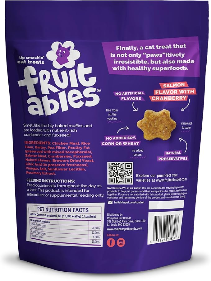 Fruitables Cat Treats - Healthy Low Calorie Crunchy Cat Treats - Packed with Protein, Limited Ingredients - Made with Real Salmon & Cranberry 2.5 oz (5 Pack)