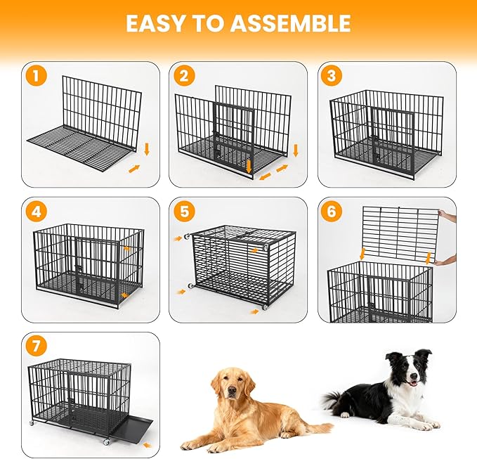 36 Inch Heavy Duty Dog Crate with Wheels, Escape Proof Metal Kennel with 3 Doors & Removable Tray for Large Medium Dogs, Black